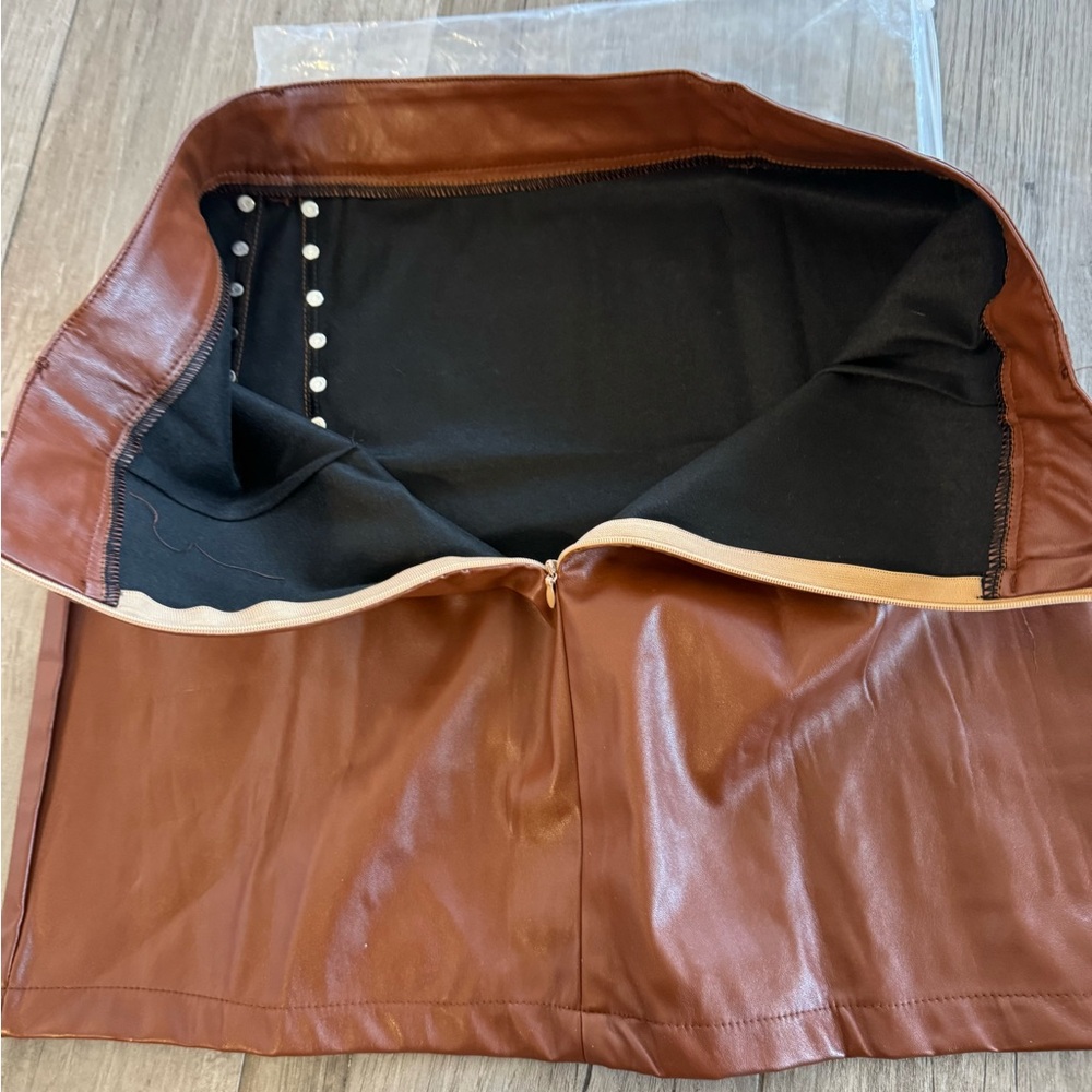 Brown PLeather Mini Skirt funky pencil skirt faux leather size L - Picture 7 of 9